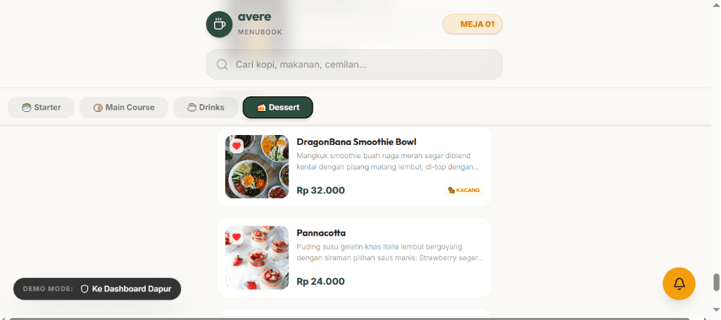 Avere Dessert Menu