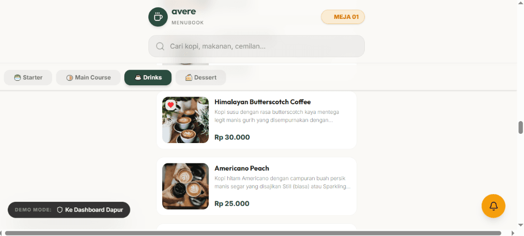 Avere Drinks Menu