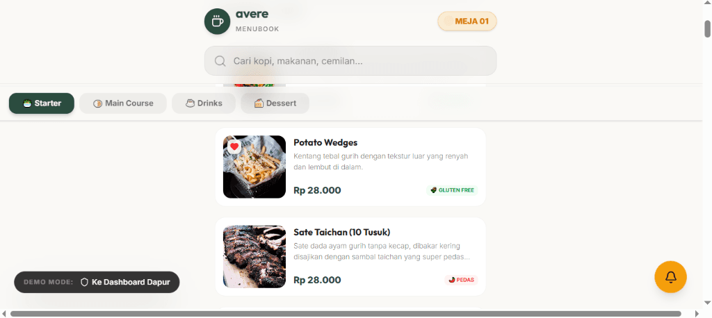 Avere Starter Menu